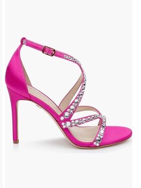 Dee Ocleppo Fiji Crystal High Heeled Strappy Sandal Pink Satin SZ 9.5